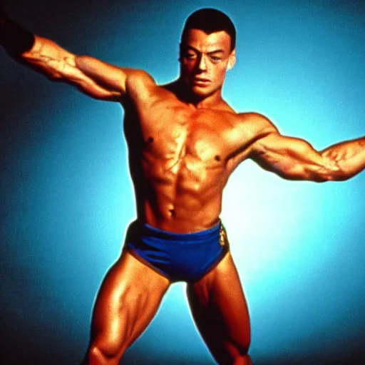 Image similar to cinematic still, young Jean Claude Vandamme doing the splits, dramatic lighting ,award winning,