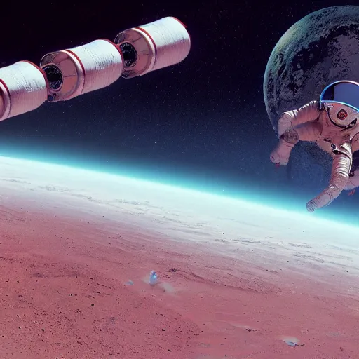 Image similar to extreme long shot of a soviet cosmonaut in mars, salutes for the people on earth, spreads the word of the revolution, cccp international space station in the background, sovietwave aesthetic, sci fi, soviet futurism, socialist realism, volumetric lighting, ultra detailed, hyperrealistic, photoshopped, octane render, 8 k, high resolution