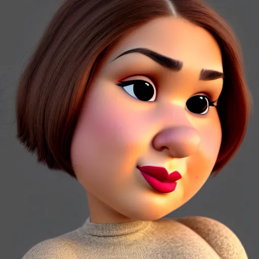 Prompt: A portrait of a full figured woman, a cute 3d cgi toon woman with brown hair in a Bob, brown eyes, full face, olive skin, romanian heritage, medium shot, mid-shot, hyperdetailed, 8k, trending on artstation, as a Pixar character