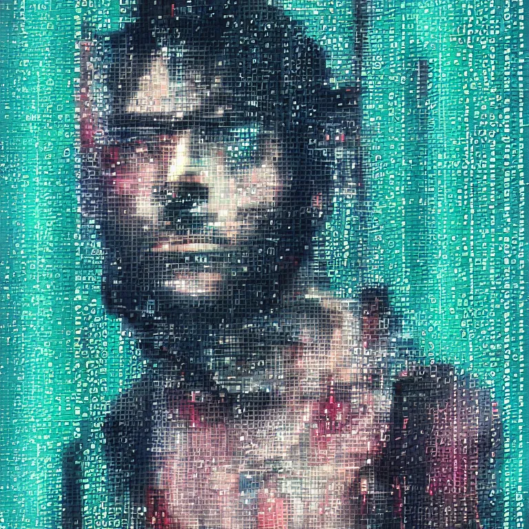 Image similar to Glitch-art portrait of cool cyberpunk hacker in style of John Nelson, realistic