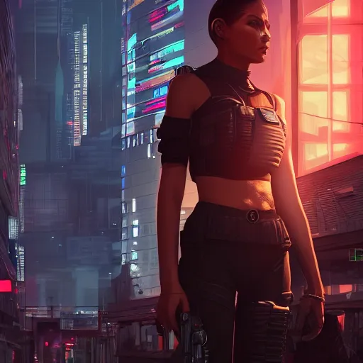 Prompt: trending on artstation 4k, unreal engine render, beautiful close-up illustration of military woman standing in cyberpunk city