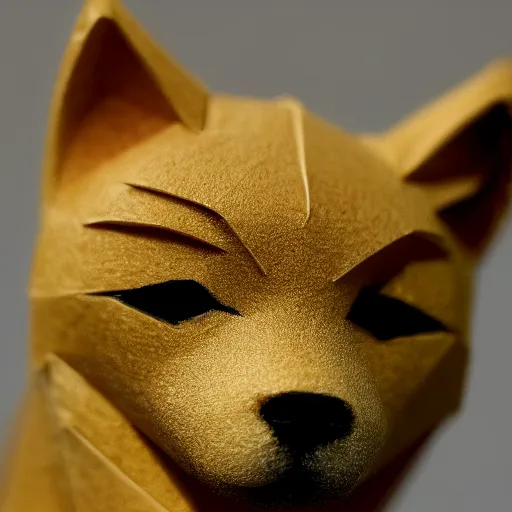 Image similar to close up photo of a small origami shiba inu, cinematic, shallow dof, 3 5 mm, 4 k, macro