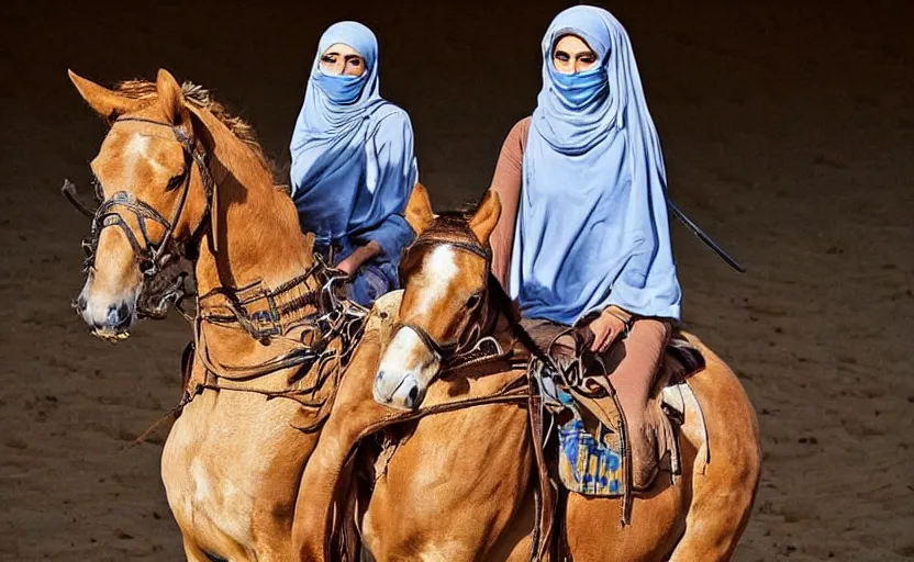 Image similar to beautiful burqa's woman, riding a horse!!! in saharan, sharp eyes, handling riffle on chest, shooting pose, perfect posture, dust, cinematic, dynamic pose, pinterest, center of interest, very perfect object, award winning photo by national geographic