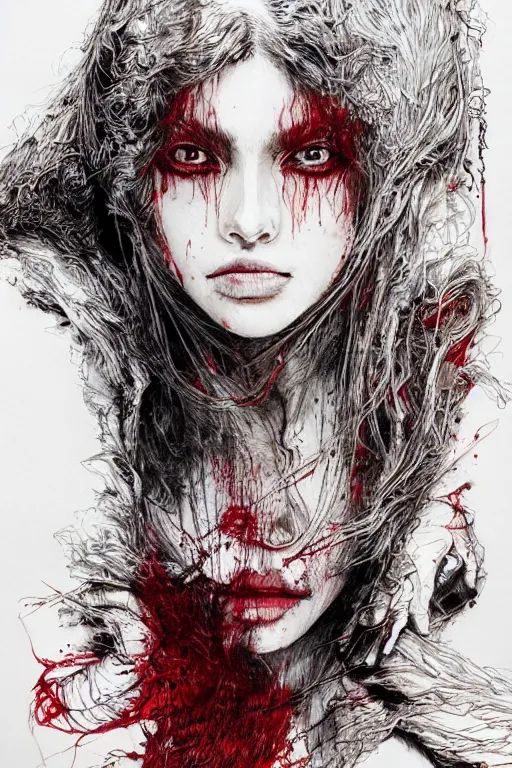 Image similar to portrait of a beautiful woman transforming into a terrible werewolf, torn red clothes, pen and ink, intricate line drawings, by Yoshitaka Amano, Ruan Jia, Kentaro Miura, Artgerm, watercolor