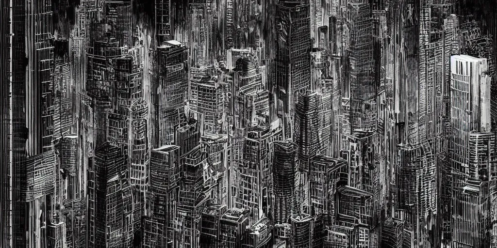 Prompt: in the black storm, dystopic broken skyscrapers, on a darkling plain, drawn by nicholas delort!! graphic black and white, low camera, wide angle, centered composition, golden ratio