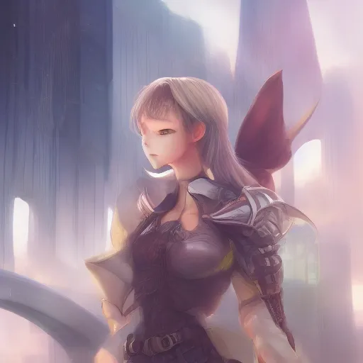 Image similar to A realistic anime painting of a beautiful female medieval knight standing in a futuristic city. digital painting by Sakimichan, Makoto Shinkai, WLOP, Rossdraws, Pixivs and , digital painting. trending on Pixiv. SFW version —H 1080 —W 1920