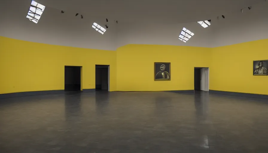 Image similar to 60s movie still of a sovietic stalinist style empty art museum with a soviet congress with yellow wall, canon 5d, liminal Space style