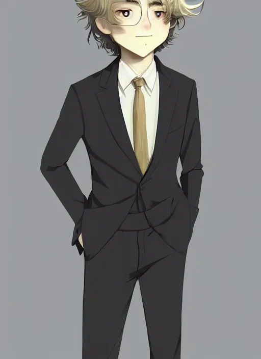 Image similar to young man with medium - length, curly, golden hair, perfectly proportioned face, aquamarine eyes, sweet smile, wearing a black suit, natural lighting, path traced, highly detailed, high quality, cartoon, digital painting, by new haicheng and studio ghibli