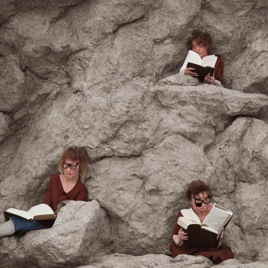 Prompt: A woman is reading a book that looks like a geological terrain, Cindy Sherman, corporate, sigma 85mm, f 1/4, ultra detailed