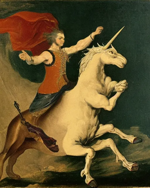 Image similar to a portrait of a unicorn fighting a dragon in the style of Goya