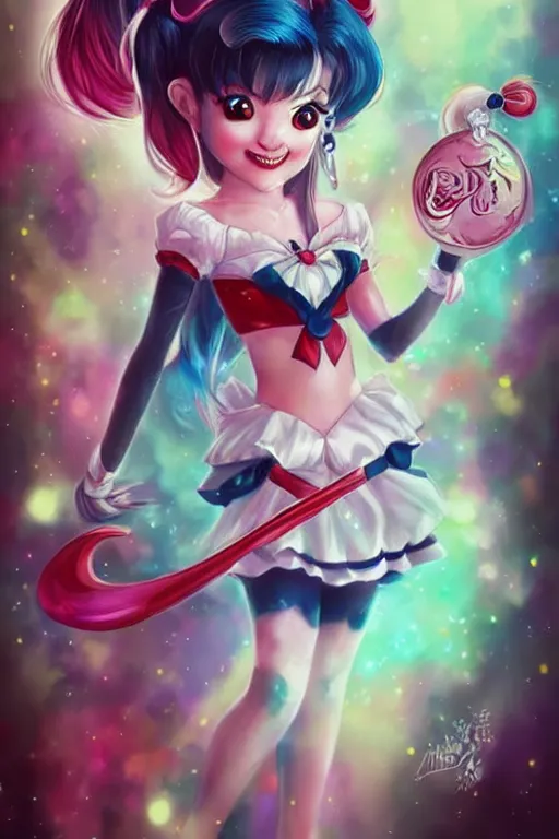 Prompt: a cute little princess inspired by Sailor Moon and Harley Quinn, highly detailed by ross tran, WLOP, artgerm