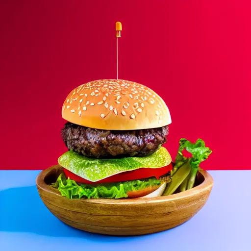 Image similar to a juicy hamburger swimming in a bowl of coca cola, 8 k resolution, studio lighting, sharp focus, professional food photography, hyper - detailed