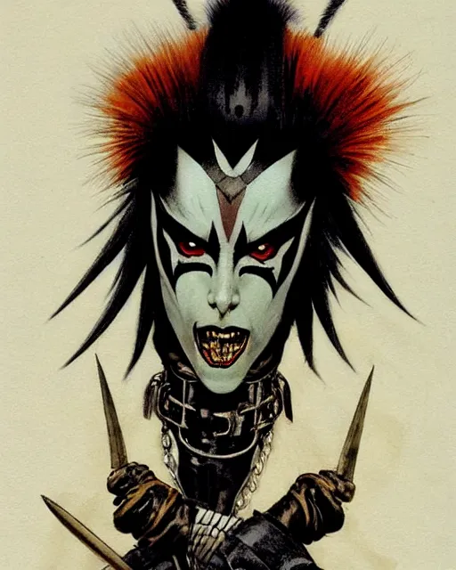 Image similar to portrait of a skinny punk goth kabuki wearing armor by simon bisley, john blance, frank frazetta, fantasy, thief warrior