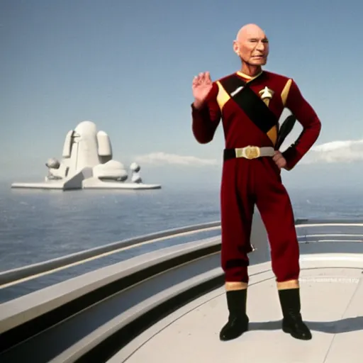 Prompt: muscular captain Picard in starfleet uniform on the bridge of the USS Enterprise
