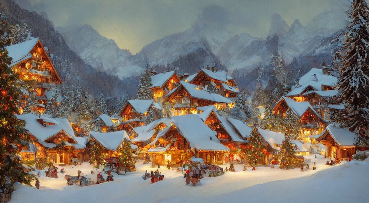 Prompt: A beautiful landscape painting of a small swiss mountain village in the snow at night with Christmas trees and fairy lights by Alfons Maria Mucha and Julie Dillon and Makoto Shinkai