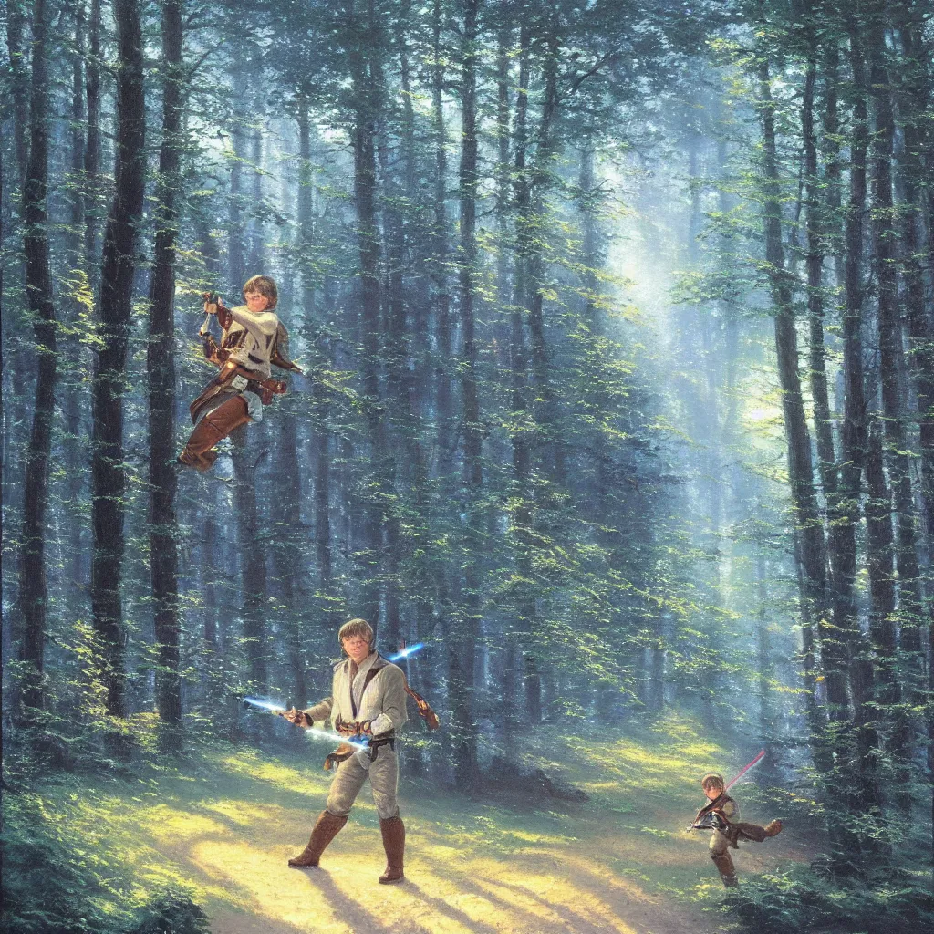 Prompt: thomas kinkade painting of luke skywalker in the woods with blue lightsaber