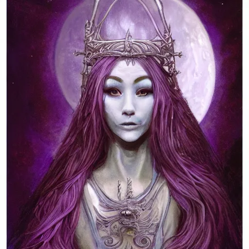 Prompt: painting of prophetess of the moon, silver filigree armor and tiara, moon above head, purple wavy hair, translucent skin, wide striking eyes, beautiful! coherent! by brom, by junji ito, by brian froud, strong line, high contrast, muted color, preraphaelite style