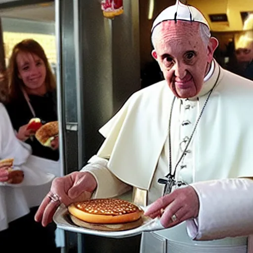 Image similar to the pope eating an hamburger at mcdonald's