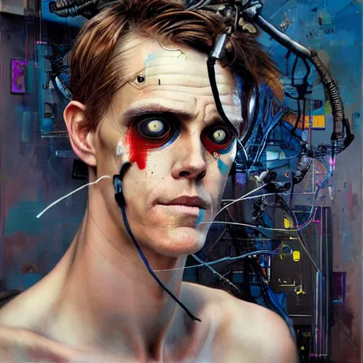 Prompt: zach greinke as a cyberpunk hacker, wires cybernetic implants, in the style of adrian ghenie, esao andrews, jenny saville, surrealism, dark art by james jean, takato yamamoto