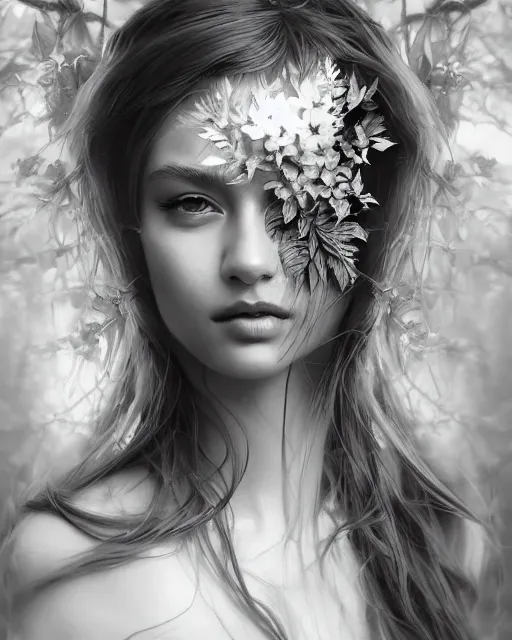 Image similar to intricate foliage beauty double exposure portrait, artstation, tony sart, photorealism, grayscale, otherworldly fantasy illustration, by artgerm