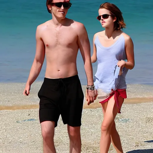 Prompt: emma watson on the beach with tong