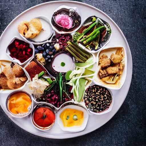 Prompt: A platter of expensive food, food network, instagram, EOS-1D, f/1.4, ISO 200, 1/160s, 8K, RAW, unedited, symmetrical balance, in-frame