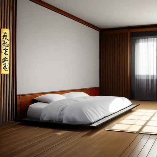 Image similar to still photo of a japanese master bed room, highly detailed, photorealistic portrait, bright studio setting, studio lighting, crisp quality and light reflections, unreal engine 5 quality render