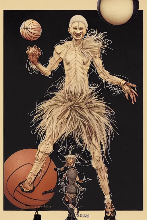 Image similar to surreal 4k HD digital full body portrait of humanoid basketball, white hair mohawk, black paper, b-ball monster, arms and legs on spherical humanoid creature, basketball pustules, by Alphonse Mucha, Craig Mullins, Marc Simonetti, Artstation