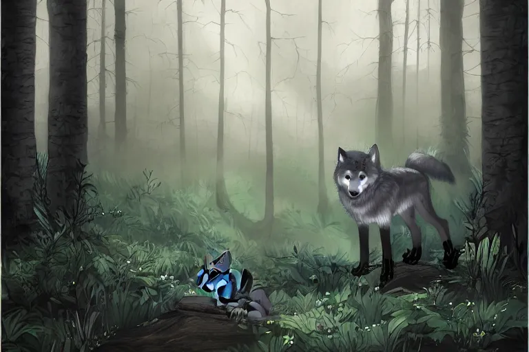 Image similar to a baby grey wolf in a dark forest, highly detailed, digital art, trending on artstation, backlighting, by kawacy, by ken sugimori, fan art