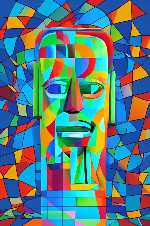 Image similar to cubist moai statue cutout digital illustration cartoon colorful beeple