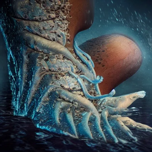 Image similar to deep sea creature with human leg, deep sea photography, ultra realistic, highly detailed