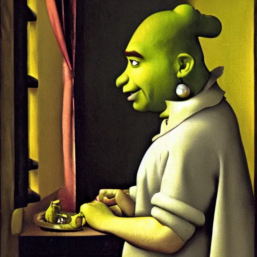 Image similar to shrek with a pearl earing by johannes vermeer, high resolution