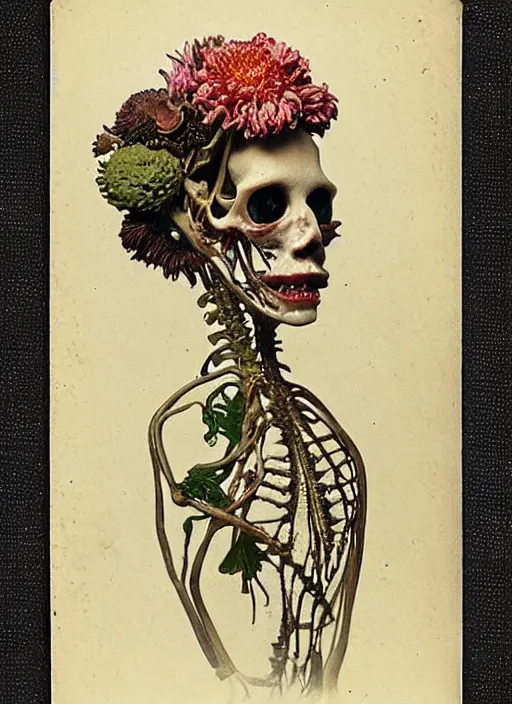 Image similar to beautiful and detailed rotten woman made of plants and many types of stylized flowers like carnation, chrysanthemum and tulips, anatomically, anatomica, intricate, organs, ornate, surreal, john constable, guy denning, gustave courbet, caravaggio, romero ressendi 1 9 1 0 polaroid photo