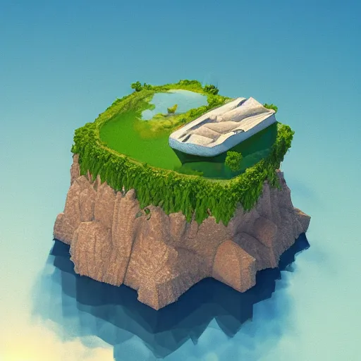 Prompt: a floating island on an aquatic environment isometric art, lago de sorapis landscape, low poly art, game art, artstation, 3D render, high detail, cgsociety, octane render