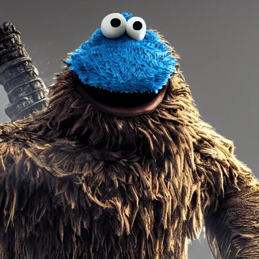 Prompt: portrait of cookie monster as a dark souls boss, 8 k