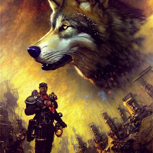 Prompt: portrait of a wolf in uniform as a captain. shadowrun furaffiniy cyberpunk fantasy highly detailed painting by gaston bussiere craig mullins jc leyendecker gustav klimt artgerm greg rutkowski john berkey, bergey, craig mullins, ruan jia, raymond swanland, jeremy mann, tom lovell, alex malveda