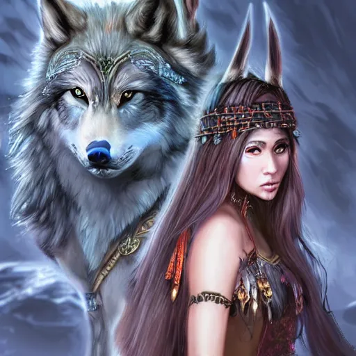 Image similar to fantasy wolf princess girl warrior tribe art drawn in art style of WLOP full HD 4K highest quality realistic beautiful gorgeous natural WLOP artist painting