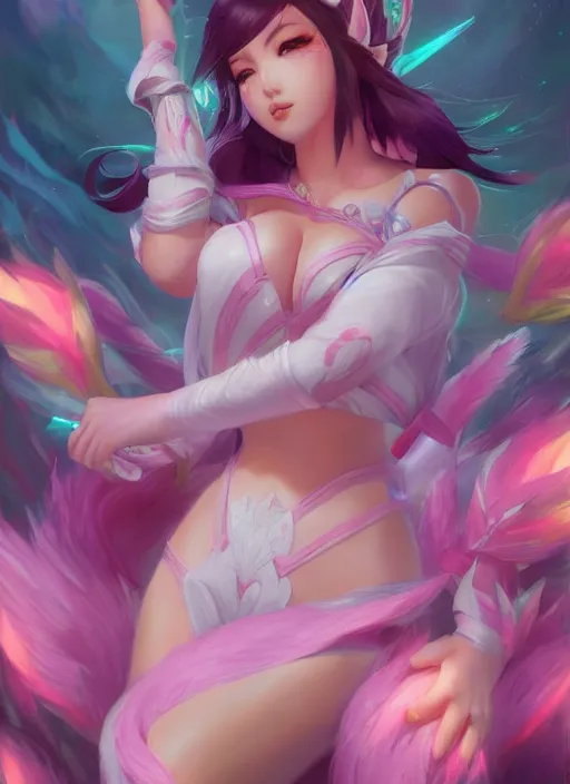 Image similar to ahri, from league of legends, pink heart skill, hyper detailed, digital art, trending in artstation, cinematic lighting, studio quality, smooth render, unreal engine 5 rendered, octane rendered, art style by klimt and nixeu and ian sprigger and wlop and krenz cushart