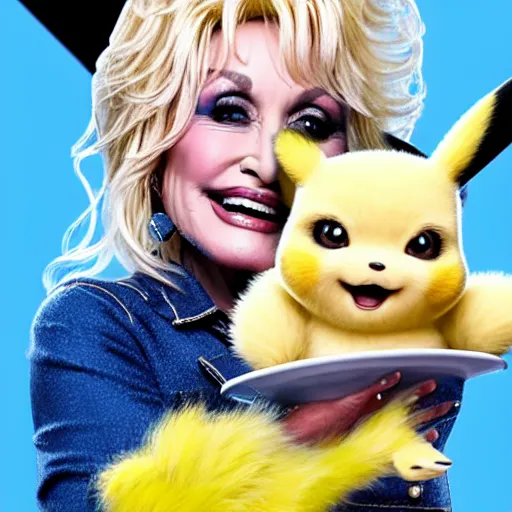 Prompt: Dolly Parton with a plate of Detective Pikachu