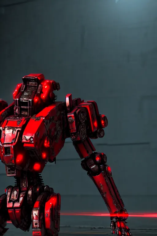 Image similar to a cinematic still from ruin city, full body red mech, armored core, intact humanoid servo, octane render, nvidia raytracing demo, masterpiece, aged armor plating, decipticon armor plating, aggressive head, endoekeleton exposure