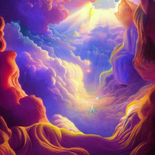 Image similar to Volumetric lighting ，light effects，looking down，by salvador dali，Lisa Frank and Gaston Bussière，trending on artstation-H 768