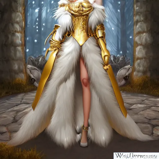 Image similar to commissioned full body portrait of a female anthro furry wolf princess fursona with a feminine wolf head with white hair wearing a white and gold armored dress in a white and gold palace, by Wlop and jerry park, artstation, extremely detailed