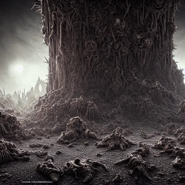 Prompt: ribbed surreal abandoned alien temple on exoplanet, covered with spikes, in a desolate empty wasteland, creepy, nightmare, dream-like heavy atmosphere, surreal abandoned buildings, beautiful detailed intricate insanely detailed octane render trending on Artstation, 8K artistic photography, photorealistic, chiaroscuro, Raphael, Caravaggio, Beksinski, Giger