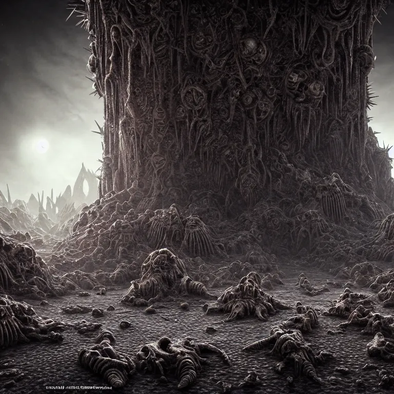 Image similar to ribbed surreal abandoned alien temple on exoplanet, covered with spikes, in a desolate empty wasteland, creepy, nightmare, dream-like heavy atmosphere, surreal abandoned buildings, beautiful detailed intricate insanely detailed octane render trending on Artstation, 8K artistic photography, photorealistic, chiaroscuro, Raphael, Caravaggio, Beksinski, Giger