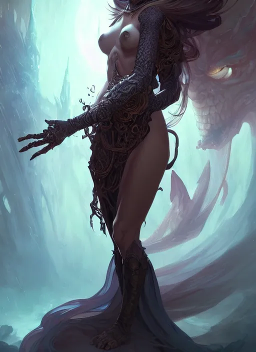 Image similar to summoner with a cute death elemental, fantasy, intricate, elegant, highly detailed, digital painting, artstation, concept art, wallpaper, smooth, sharp focus, illustration, art by artgerm and greg rutkowski and alphonse mucha