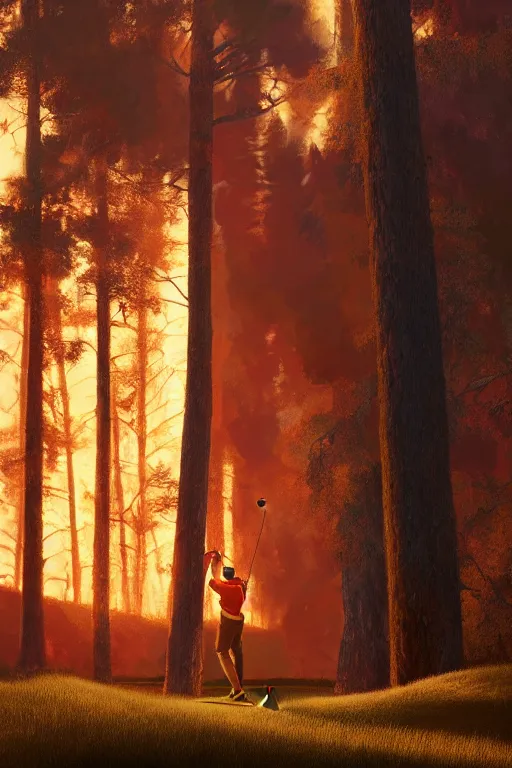 Prompt: close-up of an athletic golf player on a stunning landscape lush golf course, magical light, golden hour, in the background a burning forest, digital painting, 4k, forest ray light, particles light, by sasha kalinkin, Noah Bradley, ilya kuvshinov, matte painting