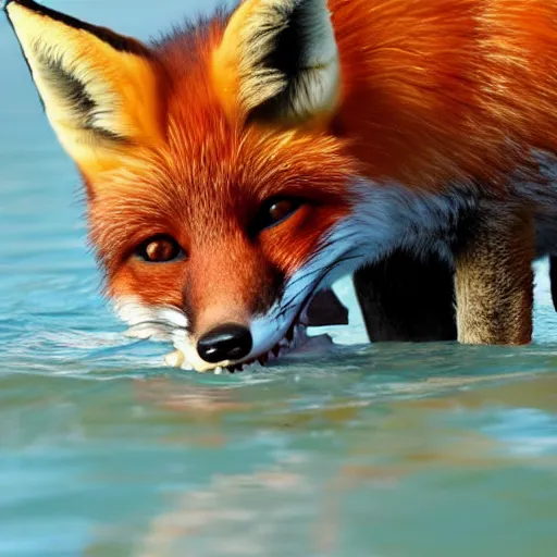 Image similar to a fox eating a shark, high quality, realistic