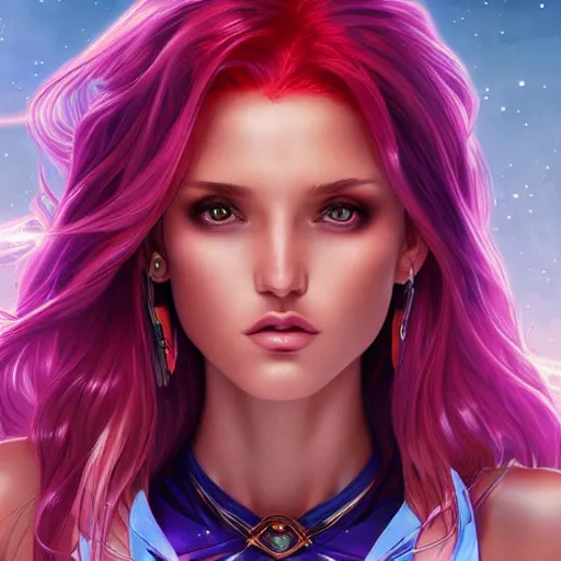 Image similar to ultra realistic illustration, bella thorne as starfire anime, intricate, elegant, highly detailed, digital painting, artstation, concept art, smooth, sharp focus, illustration, art by artgerm and greg rutkowski and alphonse mucha and wlop