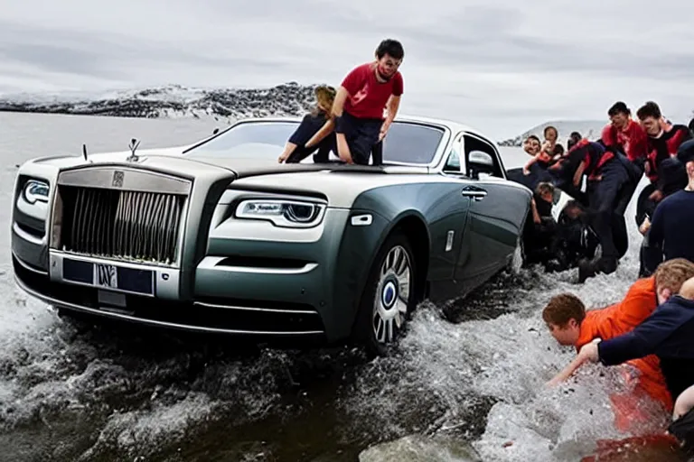 Image similar to Group of teenagers push Rolls-Royce into lake from small slide