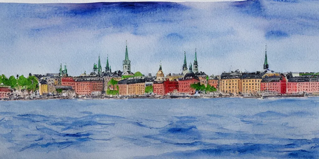 Prompt: Stockholm seen from the sea, realistic watercolour